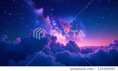 vibrant cosmic cloudscape, starry night over pink and blue clouds, astronomy and dreamscapes concept, art and design 124266985