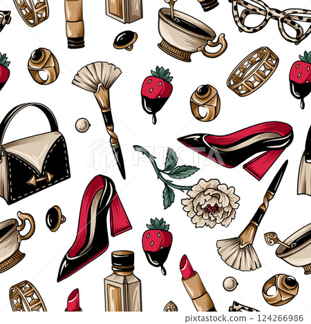 Seamless pattern with glamour elements such as pearls, shoes, lipstick etc. Vector. Seamless pattern with glamour elements such as pearls, shoes, lipstick etc. Vector. 124266986