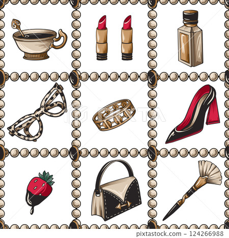Seamless pattern with glamour elements such as pearls, shoes, lipstick etc. Vector. 124266988