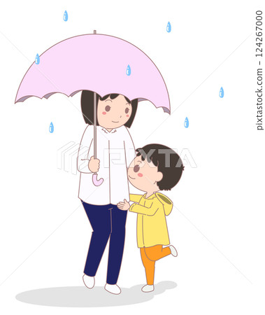 Illustration of a family holding an umbrella on a rainy day Illustration of a family holding an umbrella on a rainy day 124267000