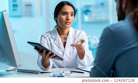 A close-up of a physician holding a tablet, explaining test results to a patient A close-up of a physician holding a tablet, explaining test results to a patient 124267126