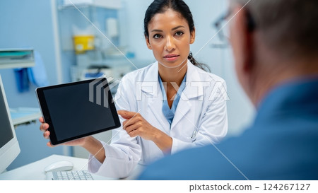 A close-up of a physician holding a tablet, explaining test results to a patient 124267127
