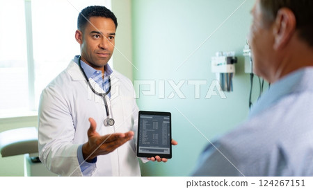 A close-up of a physician holding a tablet, explaining test results to a patient 124267151