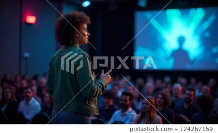 Inspiring keynote speech on technology and inclusion at a conference in a modern venue Inspiring keynote speech on technology and inclusion at a conference in a modern venue 124267169