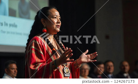 Inspiring keynote speech on technology and inclusion at a conference in a modern venue Inspiring keynote speech on technology and inclusion at a conference in a modern venue 124267173