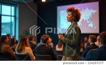 Inspiring keynote speech on technology and inclusion at a conference in a modern venue Inspiring keynote speech on technology and inclusion at a conference in a modern venue 124267177