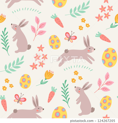 Easter seamless pattern with Easter bunny and eggs. Easter seamless pattern with Easter bunny and eggs. 124267205