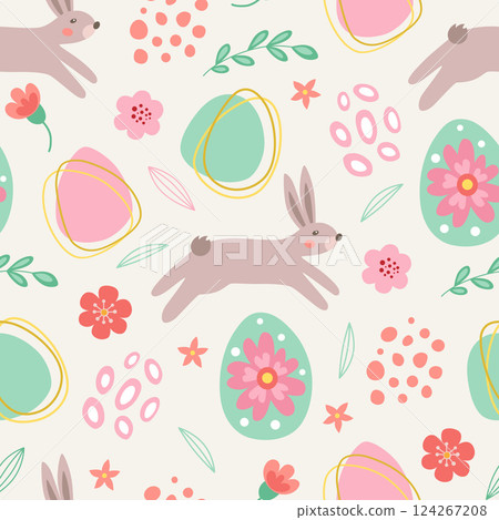 Seamless pattern with Easter bunny and decorative eggs. 124267208