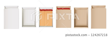 Matchbox, empty package for match sticks in top and perspective view. Realistic mockup of 3d blank box. Stages of burning the match. Symbol of ignition burning. Vector Matchbox, empty package for match sticks in top and perspective view. Realistic mockup of 3d blank box. Stages of burning the match. Symbol of ignition burning. Vector 124267218