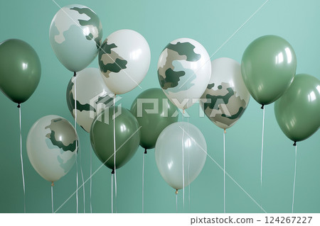 A group of camouflage and solid color balloons on a light background. Celebration concept. Perfect for themes of adventure, military, or outdoor-inspired events 124267227