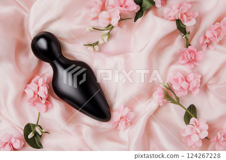 Elegant Black Massage Tool with Pink Flowers on Satin Surface 124267228