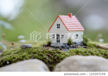 A miniature model of a house with a red roof is placed on a bed of gray stones, surrounded by moss and small green plants, set against a softly blurred natural background. 124267249