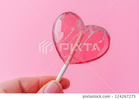 Hand holding a cracked pink heart lollipop against a pastel pink background. Saint Valentine's Day, heart broke, loneliness concept 124267275