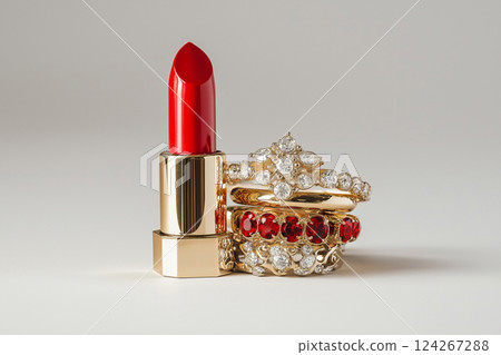 Red lipstick adorned with luxurious gold and diamond jewelry against light backdrop. beauty, luxury, and sophistication, perfect for glamour, makeup, cosmetics, fashion, jewelry-related themes. 124267288