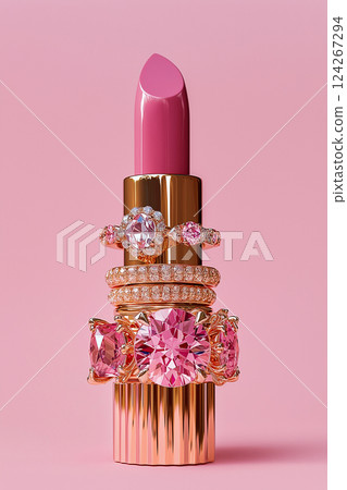 Pink lipstick surrounded by gold and gemstone rings on a pastel pink background. Highlights beauty, luxury, and sophistication, perfect for glamour, makeup, cosmetics, fashion, jewelry-related themes. 124267294