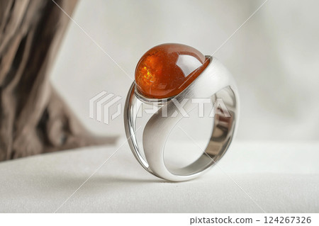 Elegant silver ring with orange gemstone in a modern design setting. Modern silver ring featuring a warm orange gemstone, captured in artistic detail. Luxury jewelry closeup 124267326