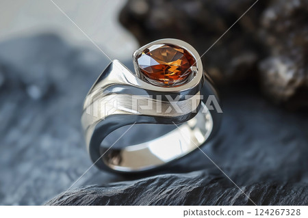 Elegant silver ring with orange gemstone in a modern design setting. Modern silver ring featuring a warm orange gemstone, captured in artistic detail. Luxury jewelry closeup 124267328