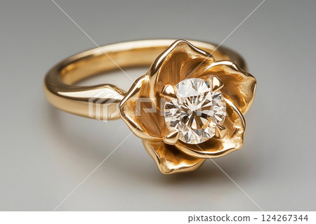 Elegant gold ring with a brilliant diamond on a neutral background. Beautiful diamond ring in a gold setting, showcasing elegance and sophistication. Luxury jewelry closeup 124267344