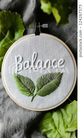 A wooden hoop adorned with embroidery art. It features the word "Balance" crafted in gray thread with surrounding green leaves, evoking a sense of mindfulness and calm. Slow living, hand made concept A wooden hoop adorned with embroidery art. It features the word "Balance" crafted in gray thread with surrounding green leaves, evoking a sense of mindfulness and calm. Slow living, hand made concept 124267373