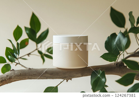 A sleek white skincare jar rests on a natural wooden branch against a neutral beige background. Vibrant green leaves frame the scene, emphasizing nature, beauty, and sustainability ideals. 124267381