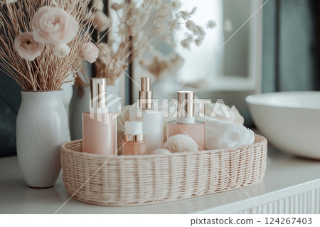 Elegant Gift Basket with Cosmetics and Floral Decorations in a Stylish Setting. Cozy and elegant aesthetic, perfect for promoting beauty and self-care concepts. 124267403