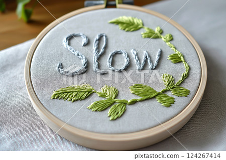 A wooden hoop adorned with embroidery art. It features the word "Slow" crafted in gray thread with surrounding green leaf stems, evoking a sense of mindfulness and calm. Slow living, hand made concept 124267414