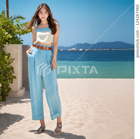 A woman dresses up for a first date at a tropical resort 124267460