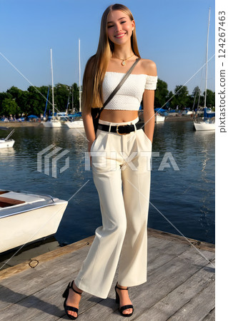 Foreign model posing on the pier 124267463