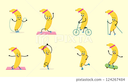 Cute Banana character. sport - cycling, Skipping rope, scooter, skateboard. 124267484