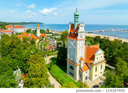 Sunny landscape of the resort town of Sopot and Molo - pier on the Baltic Sea. Poland 124267495