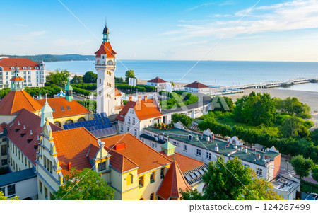 Sunny landscape of the resort town of Sopot and Molo - pier on the Baltic Sea. Poland 124267499