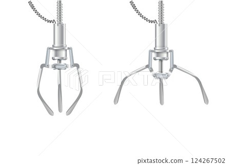 Gripper arm. Slot machine elevator machine for getting toys and prizes. Mechanical gripper tentacles. Vector 124267502