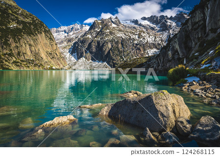 Beautiful Gelmersee lake and snowy mountains, Grimsel Pass, Switzerland Beautiful Gelmersee lake and snowy mountains, Grimsel Pass, Switzerland 124268115