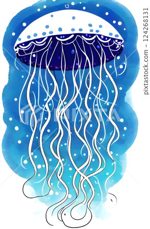 a jellyfish with a blue background and bubbles on it's head, floating in the water, a jellyfish with a blue background and bubbles on it's head, floating in the water, 124268131