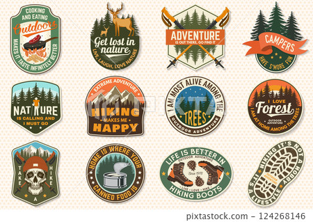 Set of hiking outdoor adventure emblems, patch. Hiking related typographic quote. Design with forest, hiker pole, hiking boot, pine cone, skull, mountains. Set of hiking outdoor adventure emblems, patch. Hiking related typographic quote. Design with forest, hiker pole, hiking boot, pine cone, skull, mountains. 124268146