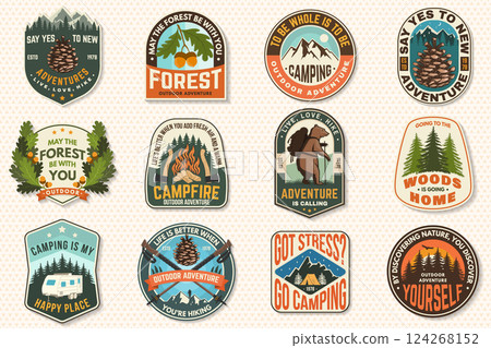 Set of logo, badge design with inspirational adventure quotes. Concept for shirt or logo, print, stamp or tee with oak leaf and acorns, pin forest, hiking poles, deer. Vector illustration. 124268152