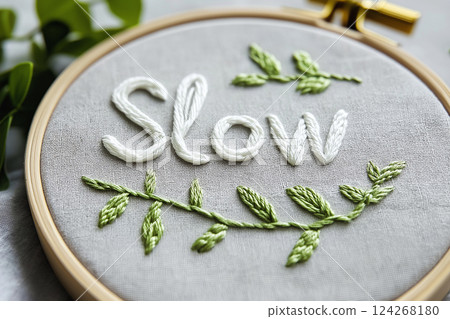 A wooden hoop adorned with embroidery art. It features the word "Slow" crafted in gray thread with surrounding green leaf stems, evoking a sense of mindfulness and calm. Slow living, hand made concept 124268180