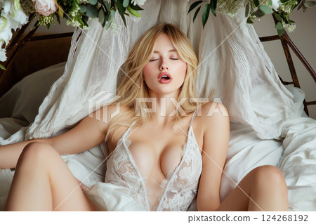 Young European woman having orgasm. Beautiful woman with open mouth and closed eyes enjoying sex lying in bed. Day light, morning in bed. Sexual experience, masturbation, cunnilingus. Young European woman having orgasm. Beautiful woman with open mouth and closed eyes enjoying sex lying in bed. Day light, morning in bed. Sexual experience, masturbation, cunnilingus. 124268192