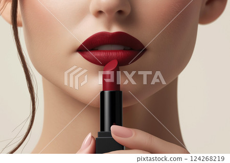 Close-up portrait featuring a person applying luxurious lipstick to enhance beauty. Elegant close-up of a young woman applying lipstick, highlighting glamour and aesthetics 124268219