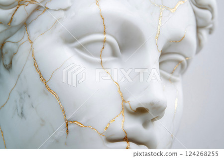 Close-up of a white sculpture head marked with golden cracks signifying aesthetic repair. Gold-decorated cracks symbolizing resilience and beauty. Kintsugi, Japanese art, beauty and selfcare concept 124268255