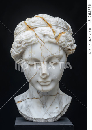 Close-up of a white sculpture head marked with golden cracks signifying aesthetic repair. Gold-decorated cracks symbolizing resilience and beauty. Kintsugi, Japanese art, beauty and selfcare concept 124268256