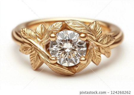 Elegant gold ring with a brilliant diamond on white background. Beautiful diamond ring in a gold setting, showcasing elegance and sophistication. Luxury jewelry closeup 124268262
