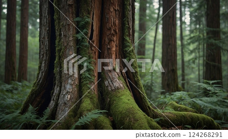 Moss-Covered Tree Bark in Lush Forest Setting Moss-Covered Tree Bark in Lush Forest Setting 124268291
