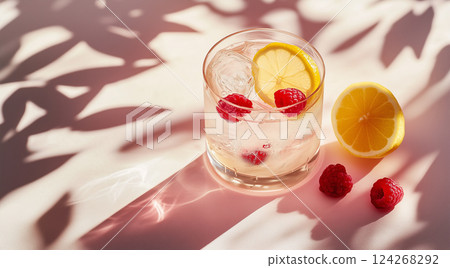 Refreshing Lemon Raspberry Sparkling Water in Sunlight Refreshing Lemon Raspberry Sparkling Water in Sunlight 124268292