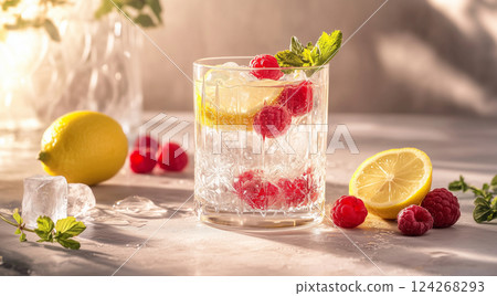 Refreshing Lemon Raspberry Sparkling Water in Sunlight 124268293