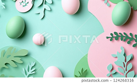 Easter card with pastel colors. Creative design of Easter eggs on carved from color paper backdrop. 124268316
