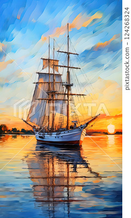 Whispers of the Wind: Sails Against the Sky. Detailed drawing of a sailboat. Whispers of the Wind: Sails Against the Sky. Detailed drawing of a sailboat. 124268324