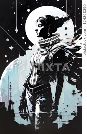 a woman with a space suit on standing in front of a full moon and stars background 124268390