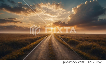 Dirt Road at Sunset with Rays Through Dramatic Clouds 124268523