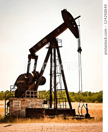 Landman, an oil drilling rig bathed in the setting sun [AI-generated image] 124268640